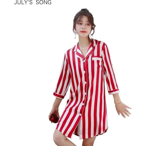 JULYS SONG Ladies Striped Print Faux Silk Cardigan Nightdress Sexy Seven-point Sleeves Sleepwear Spring Summer Home Clothes