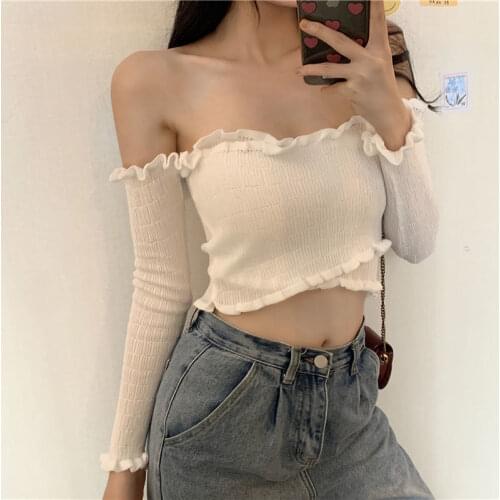 Woman Sweaters Crop-Top Short Top Sexy Slim Fit Ruffled Womens Spring Autumn Underwear Off-the-Shoulder Cross Sweater