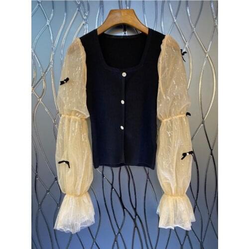 High Quality Sweaters 2021 Autumn Winter Knitwear Women Sexy Square Collar Lace Beading Patchwork Casual Black Jumpers Pullover