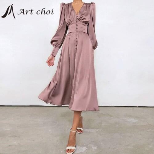 2021 Spring Autumn Satin Maxi Party Dress Women Puff Sleeve V Neck Pleated Plush Dresses Office Elegant Ladies Bodycon Vestido