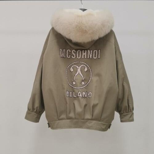 Winter Coat Women Short Clothes Parka Real Fur Hooded Oversized Collar Thick Warm Letter Pattern Rabbit Fur Liner