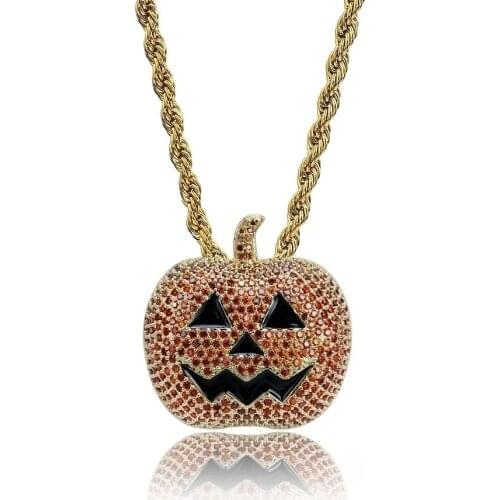 Gold Blace Gun Color Iced Out Cubic Zircon Pumpkin Necklace&Pendant With 4mm Tennis Chain Mens Hip Hop Jewelry Halloween Gifts