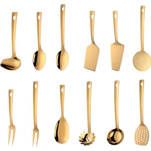 1PC Gold Stainless Steel Non-Stick Spatula Shovel Kitchenware Slotted Turner/Rice Spoon/Skimmer/Potato Masher Cooking Utensils
