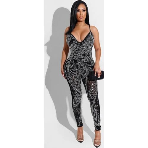 2021 Best Quality Fashion Design Jumpsuits Solid Diamond Spaghetti Strap Sexy Club Bodycon Rompers