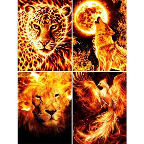 5D DIY Diamond Painting Flame Animals Lion Wolf Cross Stitch Kit Full Drill Embroidery Mosaic Art Picture of Rhinestones Decor