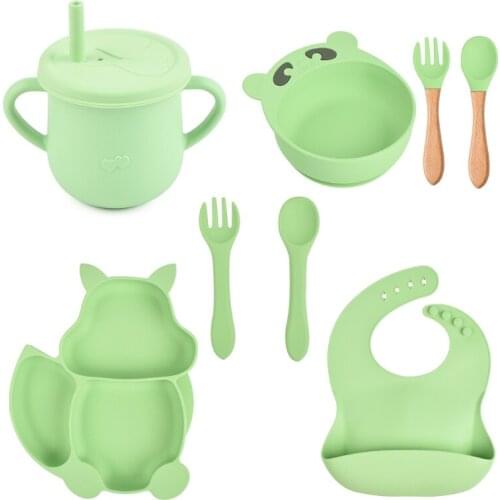 8 Pcs Baby Silicone Bib Divided Dinner Plate Sucker Bowl Spoon Fork Straw Cup Set Training Feeding Food Utensil Dishes Kit K1KC