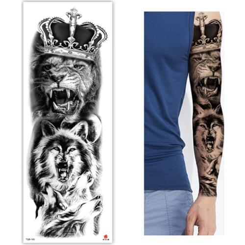 Large Arm Sleeve Tattoo Crown Lion Wild Wolf Waterproof Temporary Tatoo Sticker Pattern Wing Skeleton Men Full Skull Totem Tatto