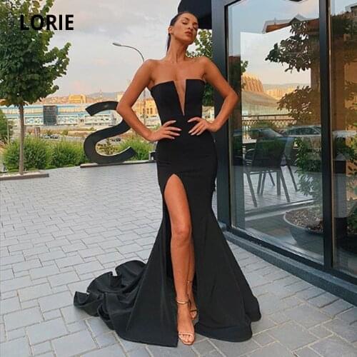 LORIE Black Satin Evening Dresses Mermaid 2020 Sexy V-neck Formal Prom Gown Long Floor Length Party Dress with Slit Plus Size