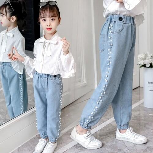 Baby Jeans Girls Spring Summer Wear Pearl Blue Elastic Waist Denim Trousers Children Long Pants Beaded Jeans For Girls 4-12Y