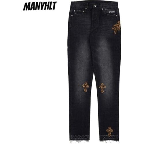 Mens Clothing 2021 Spring And Autumn New Leopard Print Cross Embroidered Silver Buckle Black Casual Jeans Straight Trousers