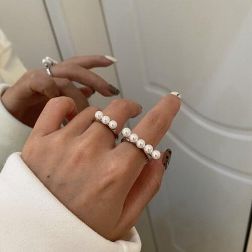 KISSLOVE Fashion Retro Vintage T Bar Pattern Pearl Rings for Women Korean One Line Ring Jewelry Girl Gift