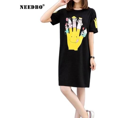 NEEDBO T Shirt Women Oversize 5XL Robe Tee Shirt Femme Unique Top Print Cartoon Short Sleeve Casual Long T shirt Dress Plus Size