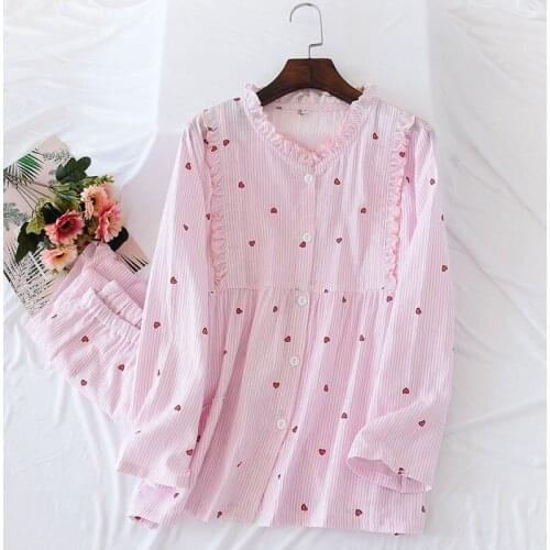 New 100% Cotton Gauze Vertical Stripes Maternity Wear Long Sleeve Pajamas Set Round Neck Lactation Clothing Breastfeeding Suit