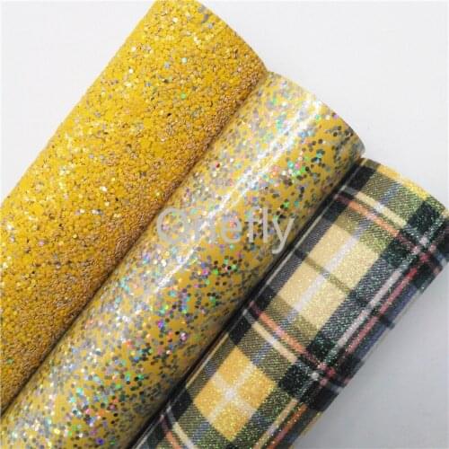 Onefly Yellow Chunky Glitter Leather, Plaids Printed Faux Leather Glitter Fabric Sheets For Bow DIY handbags shoes BQ006