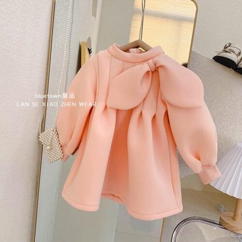 Fall Winter Air Cotton Dress for Kids Puff Sleeve Toddler Bows Vestido A-line Clothing Peach Color Korean Style Outfit