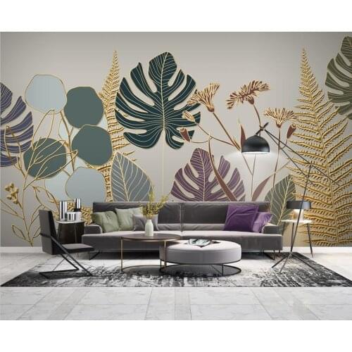 Custom home background wall 3d wallpaper Nordic tropical plants golden lines embossed leaves photo mural 3d wallpaper
