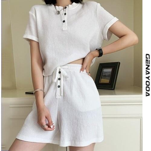 Genayooa Shorts Tracksuits Womens Two Peices Set Leisure Outfits Cotton T-shirts High Waist Shorts Set Korean 2021 Summer Suit
