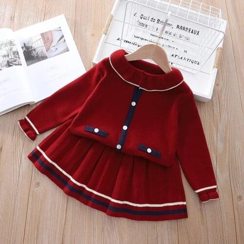 2021 New Long Sleeve Sweater Top+Pleated Skirt 2Pcs Outfit Baby Girl Clothes Sets For Kid Autumn Toddler Children Knitted Suits