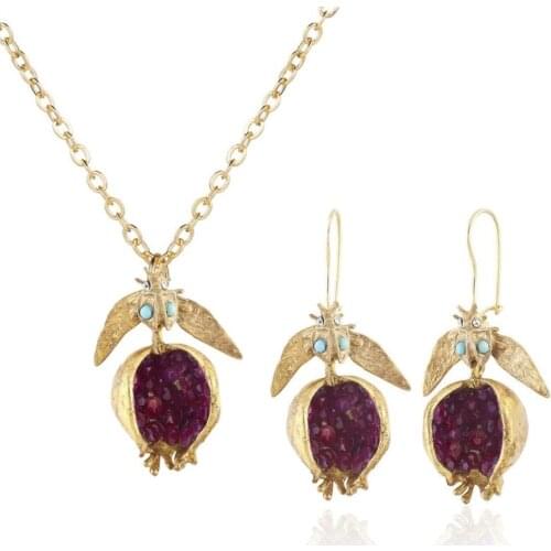 Vintage Fruit Red Pomegranate Jewelry Set Pomegranate Drop Earrings Pomegranate Pendant Necklace for Women