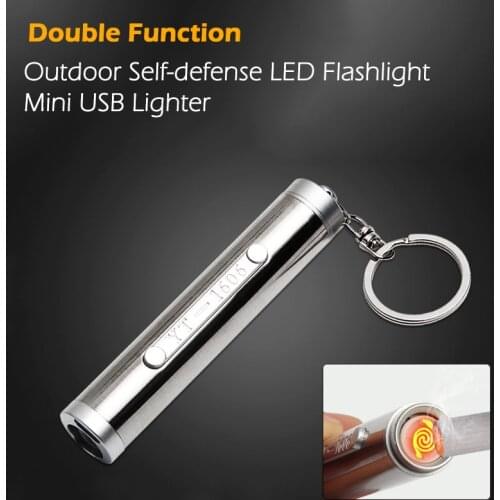Outdoor Self-defense USB Mini Charging Flashlight With lighter Stainless Steel 2W High Power LED light