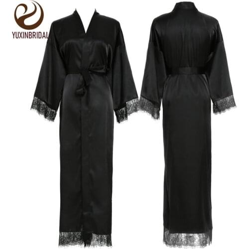 YUXINBRIDAL 2019 New 11 Colors Silk Satin Lace Robes Bridesmaid Bride Robes Wedding Long Robe Bathrobe Womens Robe Black