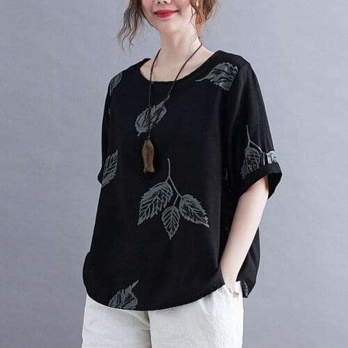 Women Cotton Linen Casual T-shirts New Arrival 2021 Summer Vintage Style O-neck Print Loose Comfortable Female Tops Tees S3522