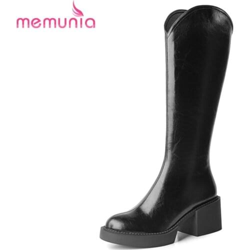 MEMUNIA Cow Leather New Fashion Knee High Boots Women Round Toe Autumn Winter Western Boots Ladies Cowboy Platform Zip Boots