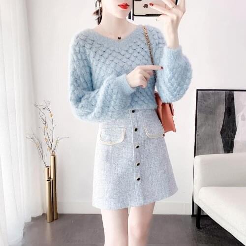 Women 2021 Autumn Winter Fashion Two-piece Suit Female New Solid Color V-neck Sweater Tops Ladies Woolen Short Skirt Sets Q221