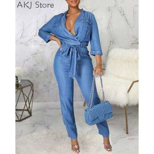 Women Pocket Design Ruched Denim Jumpsuit Cargo Pants With Sashes