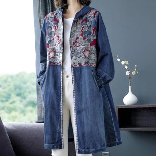 Women Coat Autumn fashion womens denim Trench Coat 2020 new retro embroidered hooded womens Trench Coat