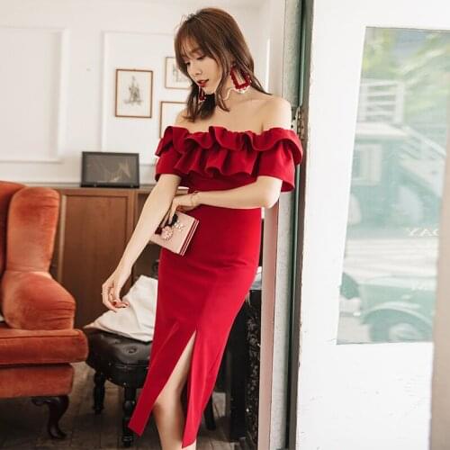 YIGELILA New Arrivals Deep Wine Dress Slash Neck Ruffle Sleeves Solid Dress Short Sleeves Sheath Mid-calf Party Dress 65360