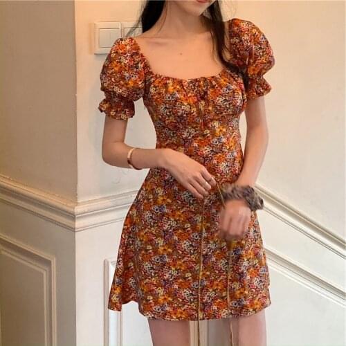 Summer Vintage Dress with Draw String Impressionism Women Puff Sleeve Floral Slim Cottagecore Dress 2021 Plus Size Short Sleeve