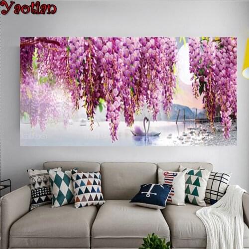 Full Drill Square 5D Diamond Painting Swan Purple Flower Diamond Mosaic Embroidery Lake Scenery Handmade Gift Home Decor New