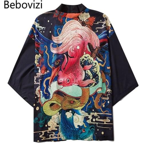 Bebovizi Japanese Yukata 2020 Women Casual Anime Snake Brocade Carp Print Shirt Clothes Traditional Kimonos Men Asian Shirt