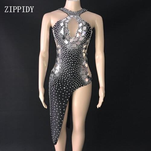 Flashing Silver Mirrors Rhinestones Dress Birthday Celebrate Black Shining Stage Latin DRESS Evening Bar Singer Dancer Show Outfit
