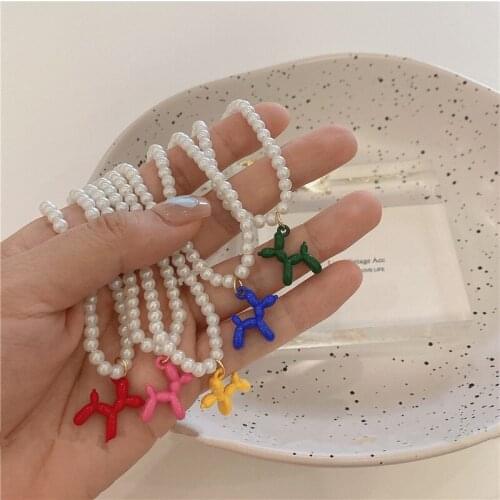 Color Alloy Poodle Balloon Dog Animal Pearl Necklace Balloon Puppy Dog Pendant Necklace for Women Girls Jewelry