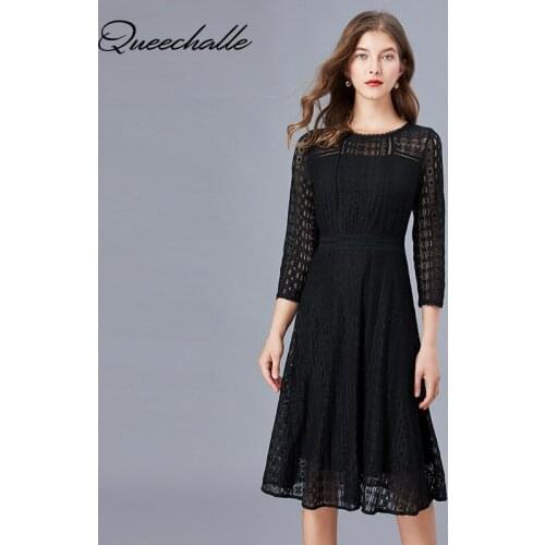 4XL 5XL Large Size Lace Dress Autumn New Hollow Out Three Quarter Sleeve High Waist A-line Dress Womens Plus Size Elegant Dress