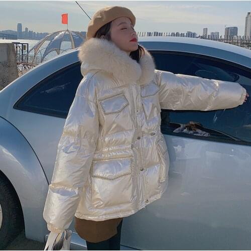 Womens Winter Down Material Cotton-padded Champagne Color Shiny Korean Loose Hooded Big Fur Collar Thick Long Sleeve New Jacket