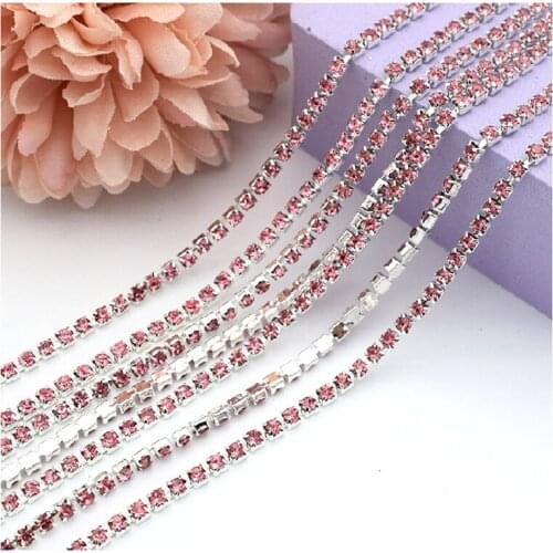 Top Selling 5 Yards Silver Base Pink Color Glass Gule on Rhinestones Chain for DIY Material