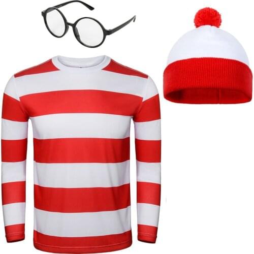 Wheres Wally Costume Red Stripe Shirt Hat Glasses Full Sets Christmas Party Adult Cosplay Clothing