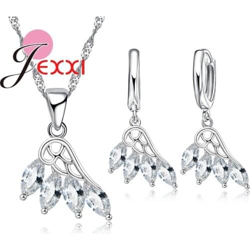 New Arrival Feather Style Cubic Zircon Stone Wedding Jewelry Set For Women Silver Necklace Pendent Earrings Collares