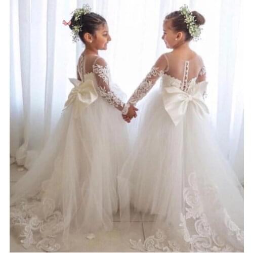 Simple Ball Gown Flower Girl Dress Lace Appliques Baby Girls Party Dresses Cap Sleeves Puffy Back Bow First Communion Dress