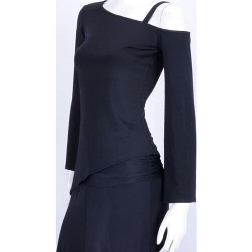 Dance, modern dance, diagonal shoulder, asymmetrical sleeve, oblique pendulum, long sleeve exercise shirt, T14008