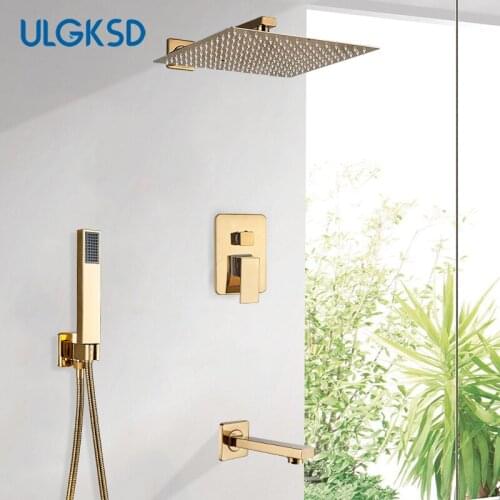 ULGKSD Bathroom Shower Faucet Shower Head Gold Stainless Steel Wall Mount W/ Hand Shower Para Bath Shower Mixer Water Tap