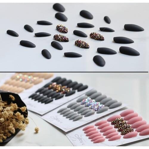 Cool Matte Black Press On Nails Bling crystal Nail Art fake nails natural False nails stiletto with Stickers 24pcs Pure color