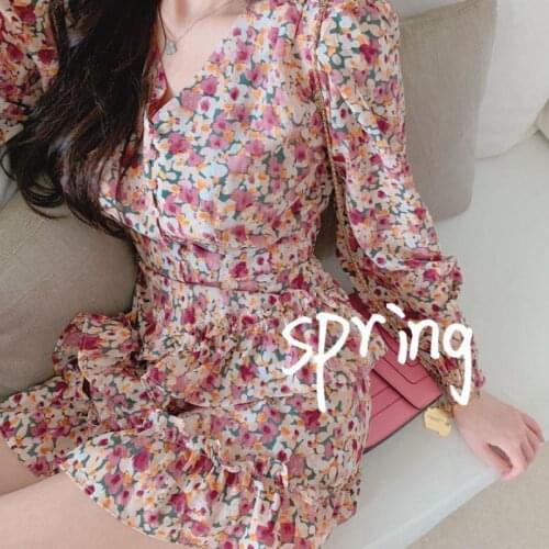 Super fairy long sleeve flower dress women spring and autumn 2021 new Hong Kong style retro fashion in the long skirt M-XXL