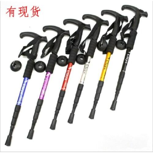 Aluminum Alloy Shock Absorber T handle Four Alpine Cane Walking Stick Outdoor Travel Supplies