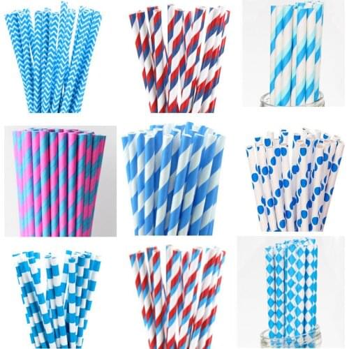 25pcs Blue Stripe Dot Paper Straws For Birthday Wedding Decorative Event Party Supplies Environmental Drinking Straws