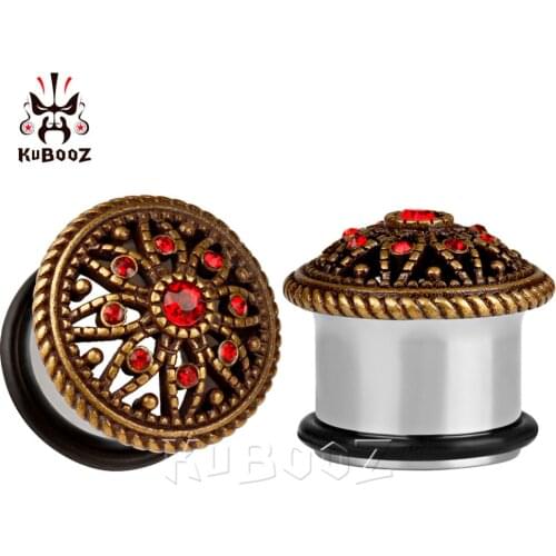 KUBOOZ Piercing stainless steel red crystal ear plugs and tunnels single flared body jewelry pair selling 2pcs/lot
