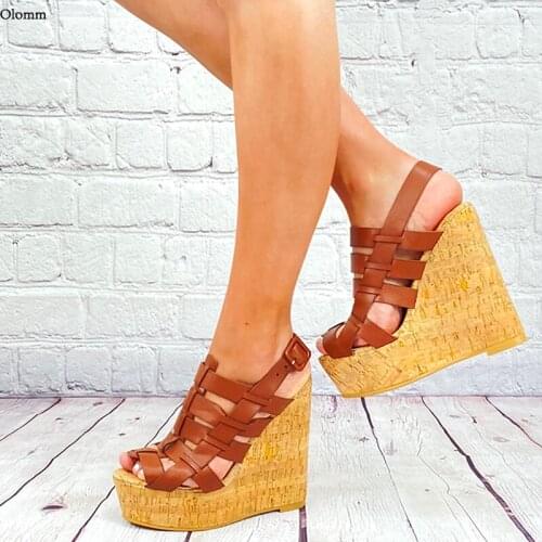 Olomm New Handmade Women Platform Sandals Hollow Gladiator Wedges Heels Open Toe Gorgeous Brown Casual Shoes Women US Size 5-20